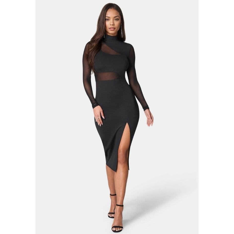 Bebe Women Black Knit Mesh Inset Bodycon Side Slit Long Sleeve Midi Dress Size L