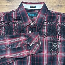 Roar Signature Mens Large Red Black Plaid  Embroidered Front Back Western BKE