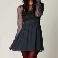 Free People black Sheer Long Sleeve Ruffled Lace Fit N Flare Skater Dress Size 8