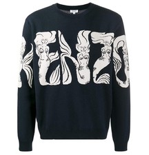 KENZO MERMAID LOGO JACQUARD SWEATER DARK NAVY SIZE L "NWT"