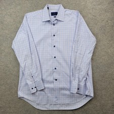 David Donahue Dress Shirt Mens 17 34/35 Blue Plaid Cotton Trim Fit Long Sleeve