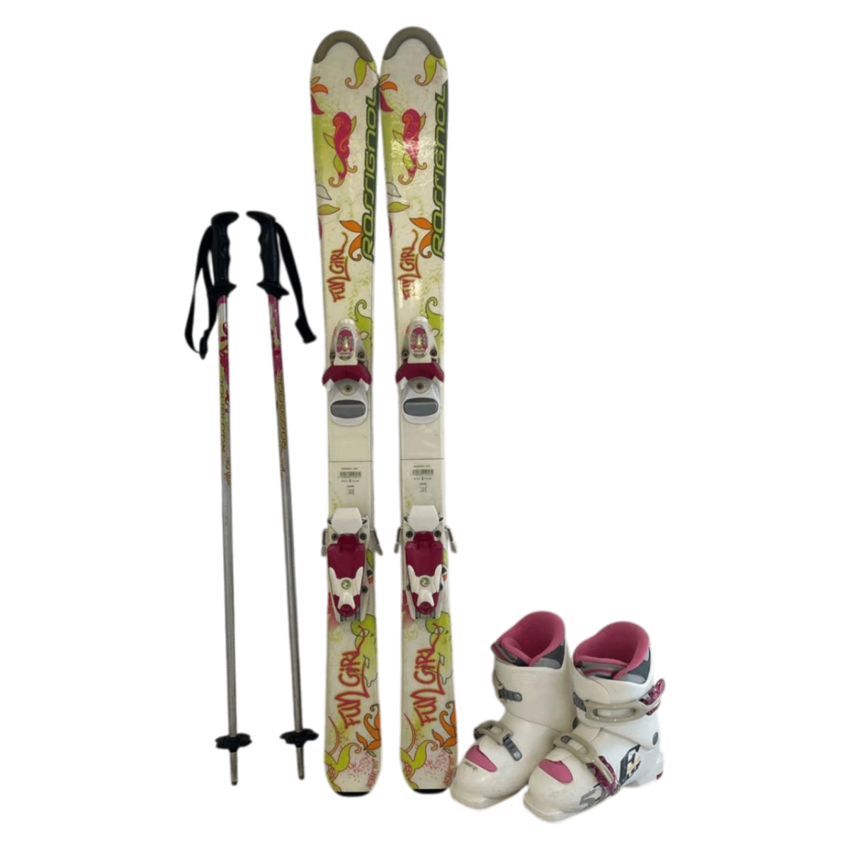 Rossignol Skis 120cm w/ Bindings, Poles 84cm & Hart DIVA Boots