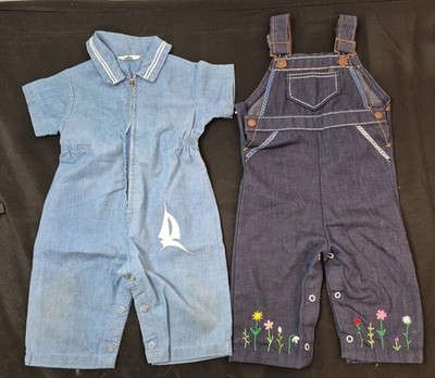 Vtg 70's Health Tex 12m One Piece Sailboat Sz 18m Overalls Embroidered Western