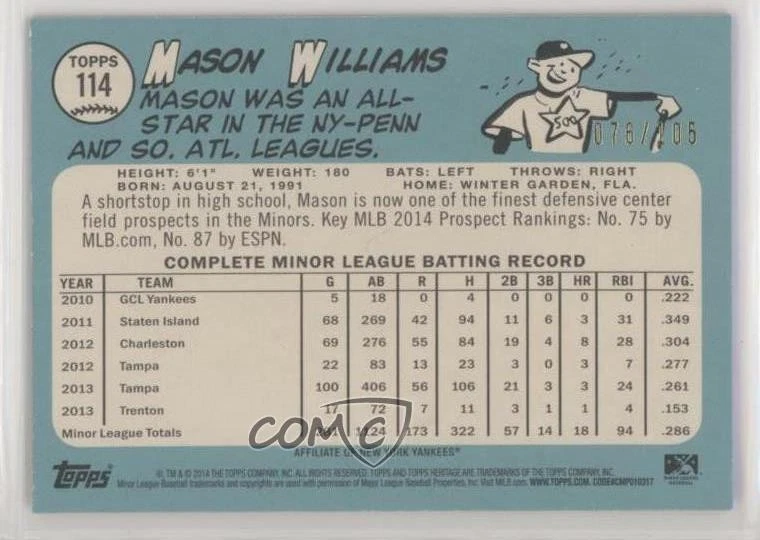 2014 Topps Heritage Minor League Edition Black /105 Mason Williams #114 - Image 2 of 2