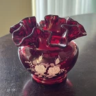 Vintage Fenton Glass Ruffled Rose Bowl Vase Ruby Red White Flowers Signed
