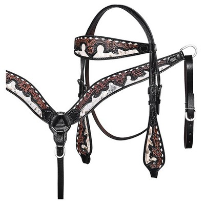 HILASON Horse Floral Hand Carved American Leather Breast Collar Headstall Dark