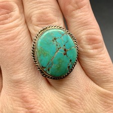 Large Natural Turquoise VTG Navajo Sterling Silver Ring Rope Bezel Size 5.5
