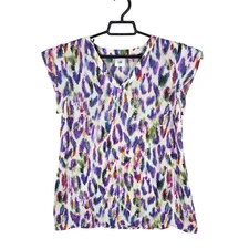 Womens Cabi Multicolor Feather Print Sleeveless Top V-Neck 100% Polyester S