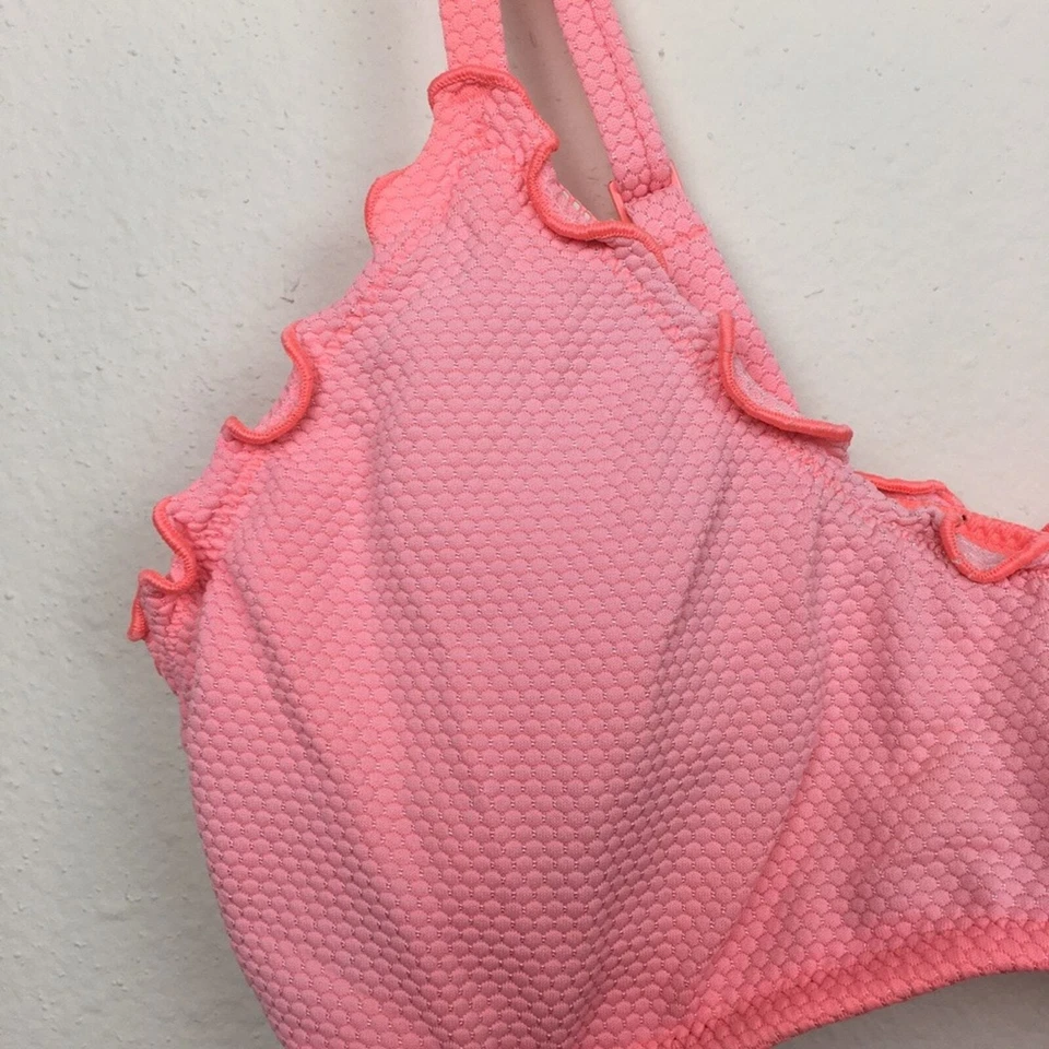 Aerie Pique Ruffle Scoop Swimsuit Bikini Top Size Large Coral Lettuce - Image 4 of 4
