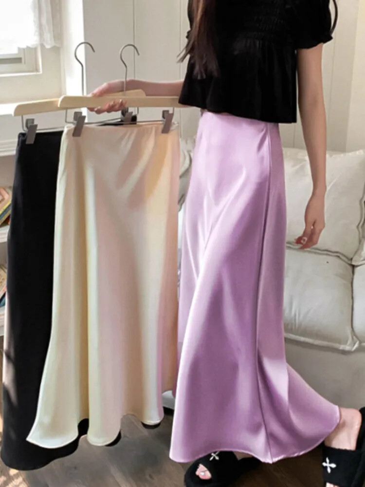 Women's Skirts High Waist Silk Satin A-line Skirt Lady Fashion