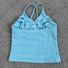 TOMMY BAHAMA Aqua Blue White Check Print Ruffle V-Neck Swim Tankini Top Girls 6