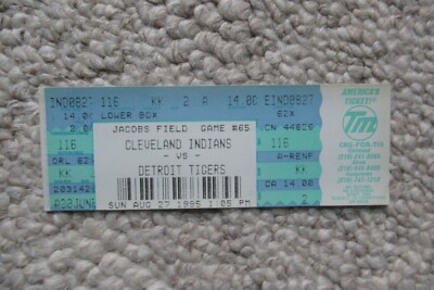 CLEVELAND INDIANS VS DETROIT TIGERS 8/27/1995 FULL TICKET ~ PAUL SORRENTO HR