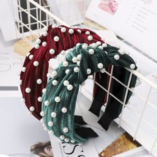 Women's Pearl Velvet Tie Hairband Headband Crystal Knot Hair Hoop Accessories