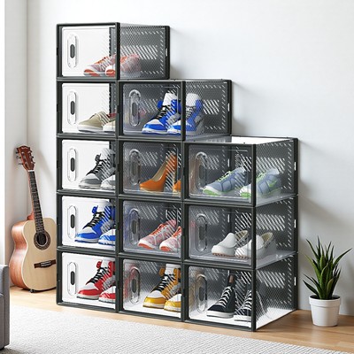 12Pcs Shoe Storage Boxes - Portable, Black, Plastic Mesh, Stackable, Medium Size