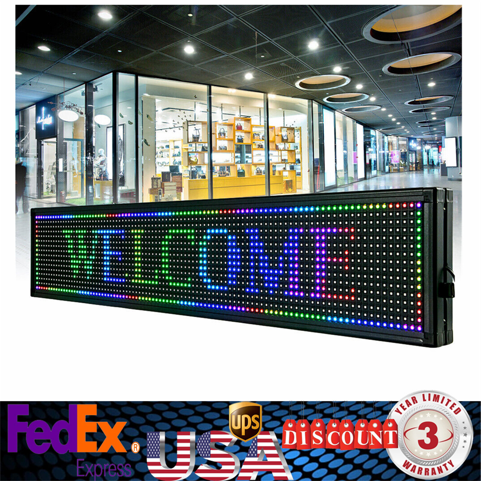 LED Sign 40" X 8"  Scrolling Message Display Board 7 Color Programmable