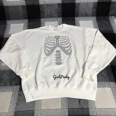 VS PINK BLING HALLOWEEN SWEATSHIRT WHITE & BLACK SKELETON RHINESTONES LOGO XS-S
