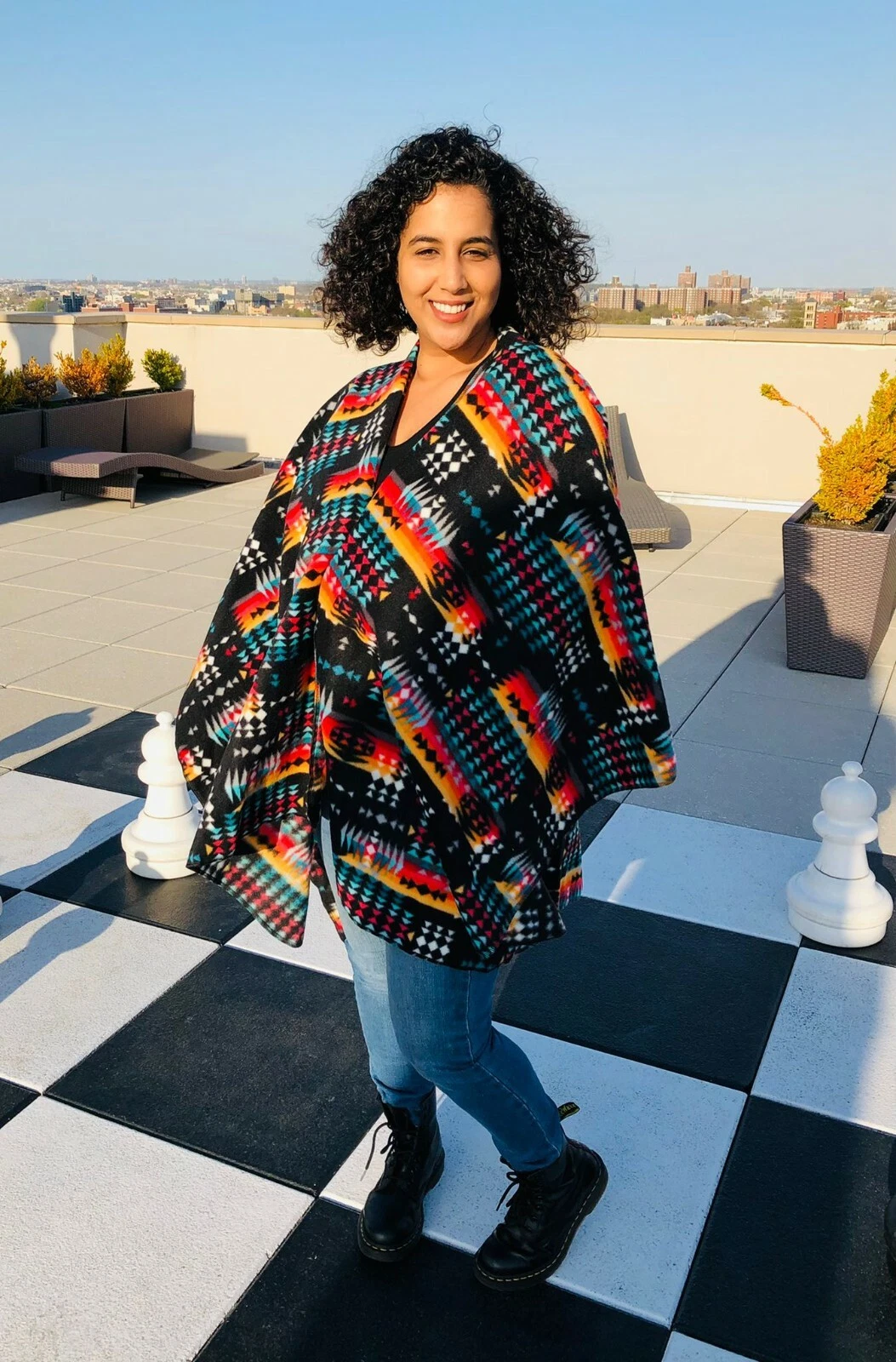 ZooFleece Black Southwestern Aztec Tribal Indian American Women’s Poncho Cape