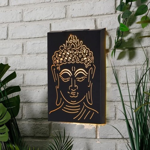 Solar Light Metal Wall Panel Buddha LED Light Art Garden Fence Porch