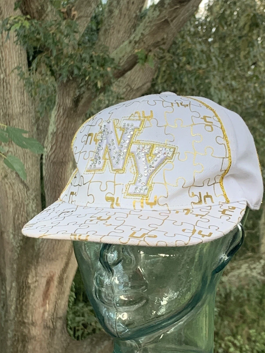 NEW YORK bling Puzzle Gold Rhinestone Yankees Big Apple Hat Cap Sz