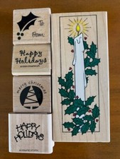 Lot of 5 Holiday Rubber Stamps - Candle, Christmas Tree, To/From, Happy Holidays