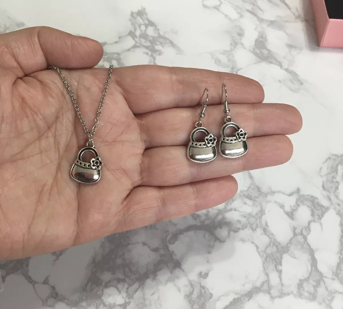 Necklace Earrings Set Cute Silver Bag Purse Charm 18 Chain