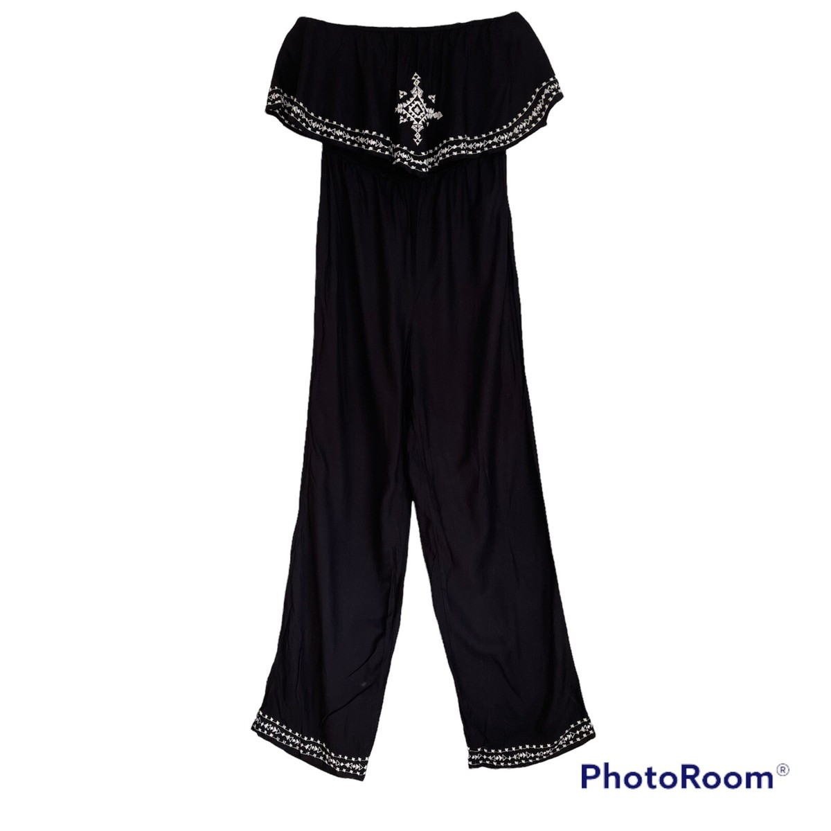 Forever 21 Embroidered Ruffle Tube Top Jumpsuit Medium Black/Cream