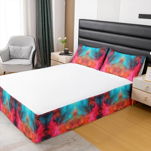 Tie Dye Bed Skirt Size,Boho Hippie Bedskirt for Bedroom Decor Queen