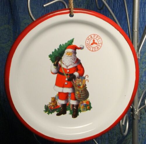 RED RIMMED ENAMELWARE PLATE SANTA WITH TREE AND TOYS CHRISTMAS ORNAMENTS - Picture 1 of 3