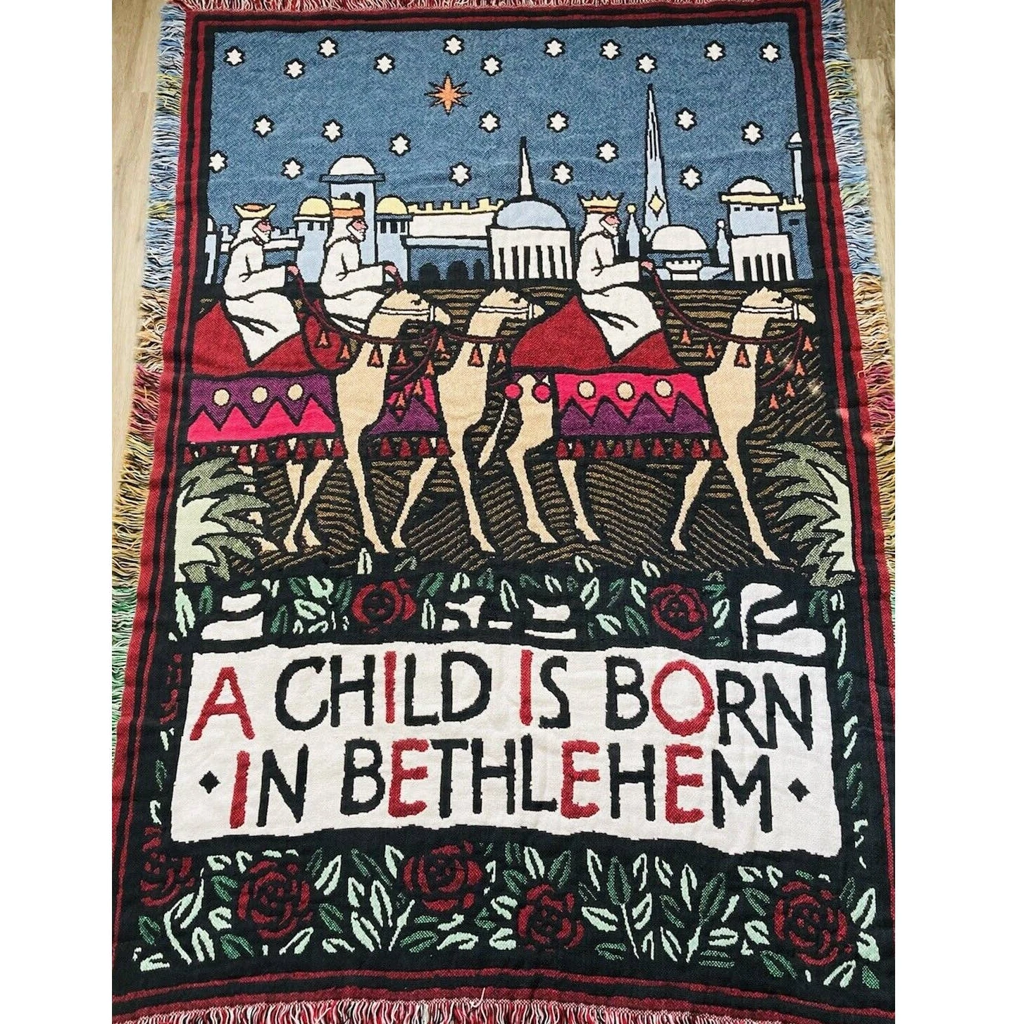 Woven Tapestry Throw Blanket Christmas Wise Men Child Born Bethlehem Reversible