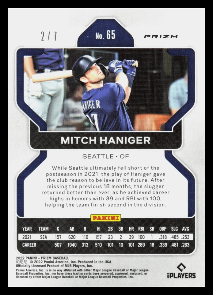 2022 Panini Prizm Mitch Haniger Purple Shimmer Prizm /7 - Image 2 of 2