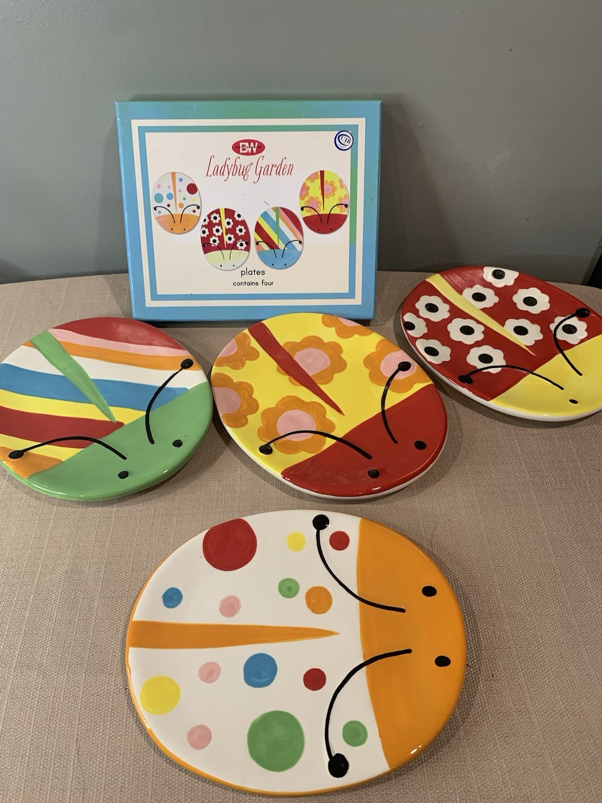 New In Box Boston Warehouse Set Of 4 Whimsical Ladybug Shaped Plates 7 1/2