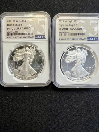 2021W Ty.1 and Ty.2 American Silver Eagle $1 2 Coin Set NGC PF 70 UCAM