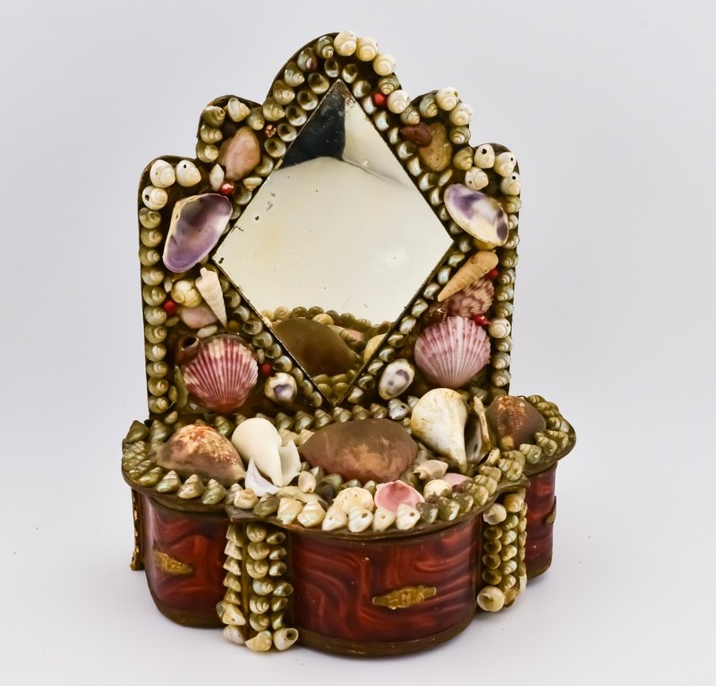 Victorian Shellwork Dresser Pincushion Reliquary Box Sailor's Valentine Souvenir