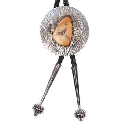 c1980 Hammered sterling silver carved fossil bolo tie