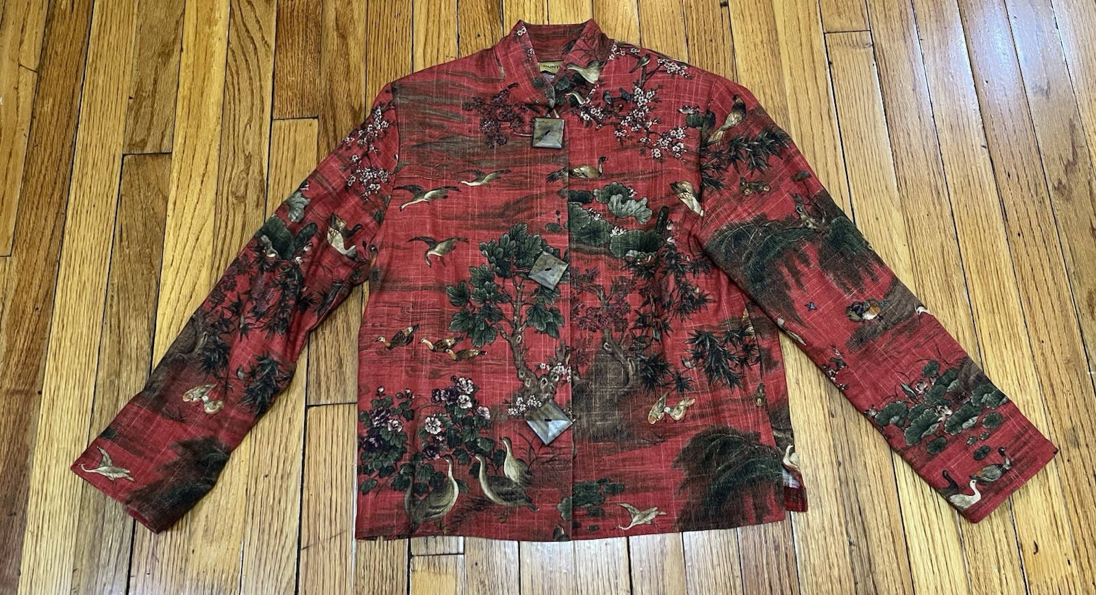 Giacca arazzo pony dipinto lino legno bottoni motivo floreale USA donna piccola