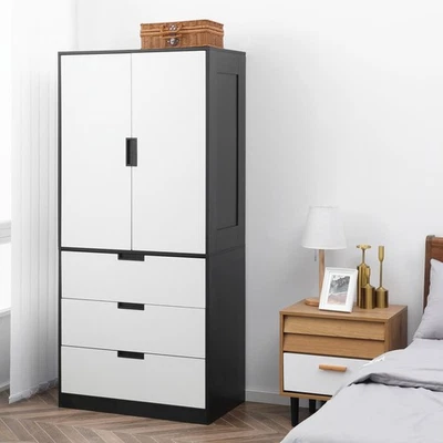 HOMCOM 2 Door Wardrobe Modern Wardrobe with 3 Drawer and Hanging Rod for Bedroom Black