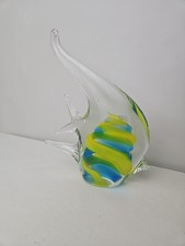 Glass Fish Paperweight Striped Glass Fish Figure Blue White Yellow Stripes Glass