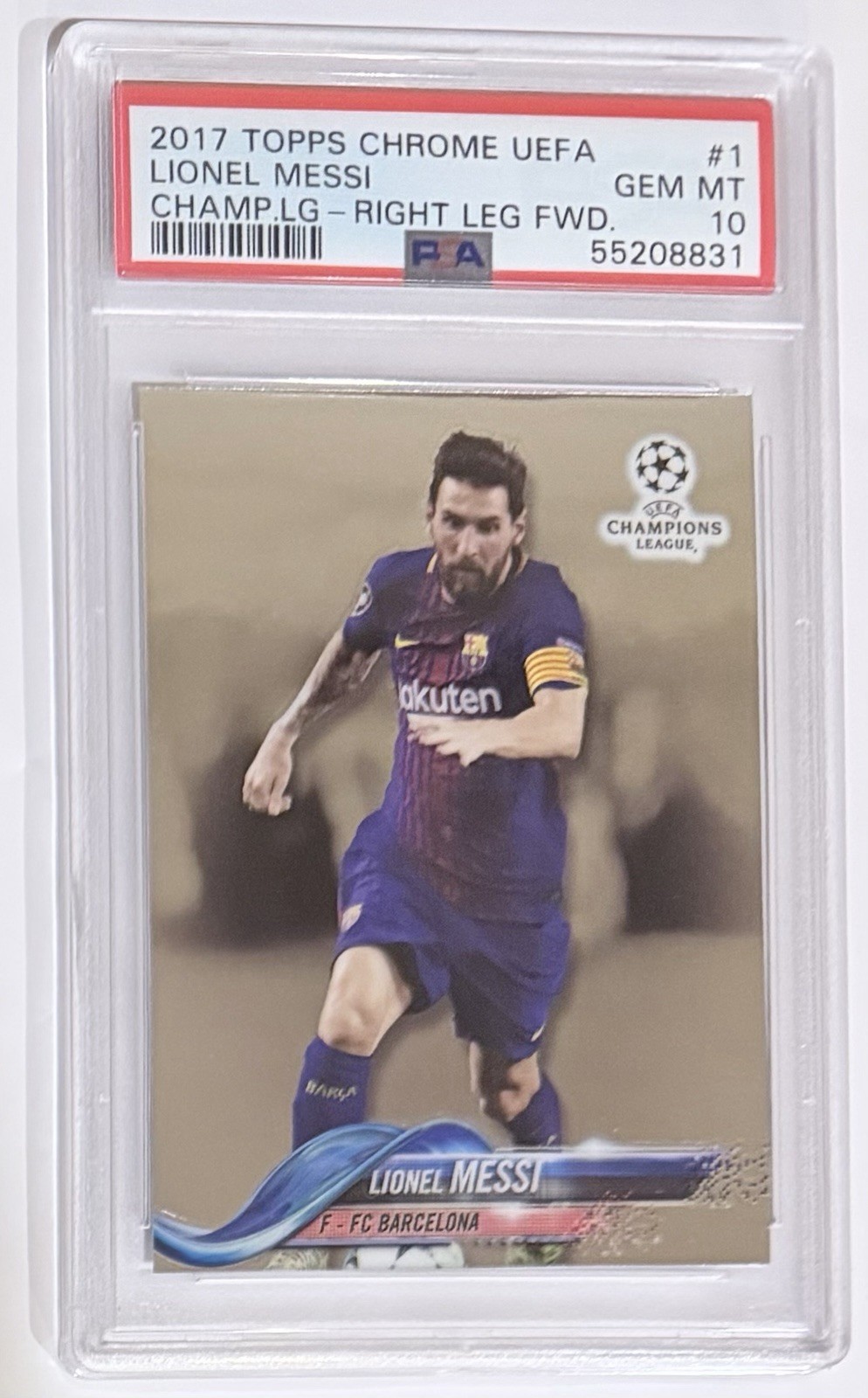 LIONEL MESSI PSA 10 TOPPS CHROME #1 CHAMPIONS LEAGUE RIGHT LEG FORWARD 2017 view 1
