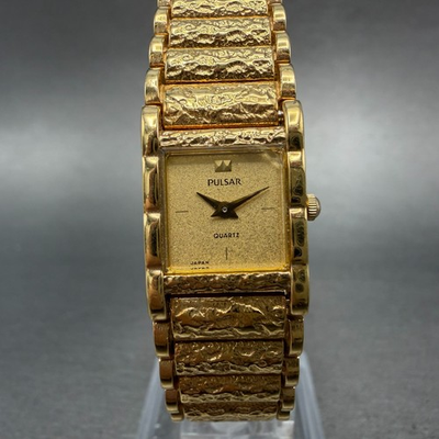 #ad #ad Pulsar Watch Women 15mm Gold Dial Gold Nugget Rectangle Y520 5010 New Batt NOS $71.99
