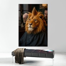 Der Löwe im Barbershop, für Friseure, Barbershop Wandbild, Acrylglas, Leinwand