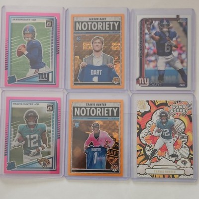 Donruss Rookie 6-Card Lot: Jaxson Dart Giants & Travis Hunter Jags Optic