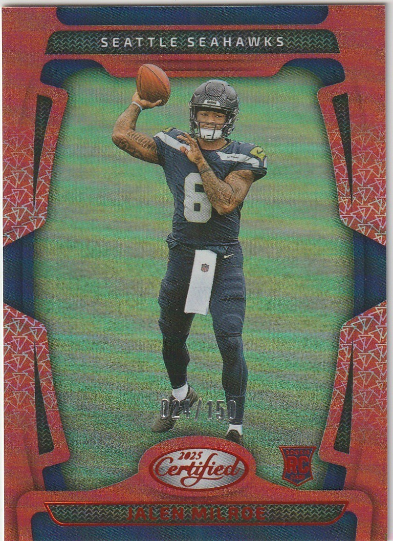 JALEN MILROE 2025 PANINI CERTIFIED MIRROR ORANGE RC #155 024/150 SEAHAWKS