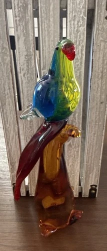 12” Heavy Hand Blown Art Glass Parrot Bird Figurine Murano Style Colorful Vtg