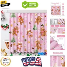 Pink Christmas Shower Curtain Pink Gingerbread Man Candy Cane Decor Christmas...