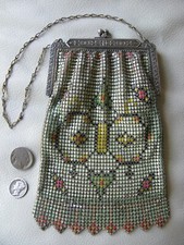 Antique Art Nouveau Silver Frame Green Yellow Pink Enamel Chain Mail Mesh Purse