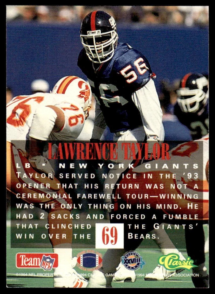 1994 Classic NFL Experience 69 Lawrence Taylor New York Giants Football Card - Image 2 of 2