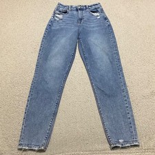 American Eagle Mom Jeans Womens Sz 0 Blue Denim Tapered Medium Wash High Rise