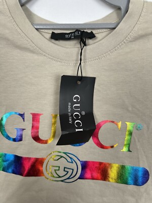 Gucci Rainbow Logo Tee Tan Short Sleeve T-Shirt Size Medium | eBay