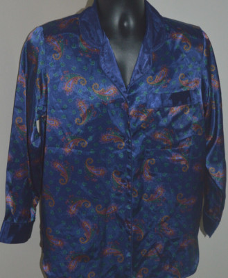 VTG INNER MOST SILKY WOMENS PAJAMA TOP Night Shirt MEDIUM BLUE PAISLEY GREEN VGC