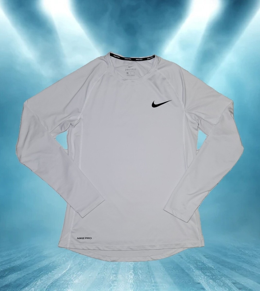 Nike Pro Men's Low-Rise Long Sleeve White Fitted Top, Size Medium